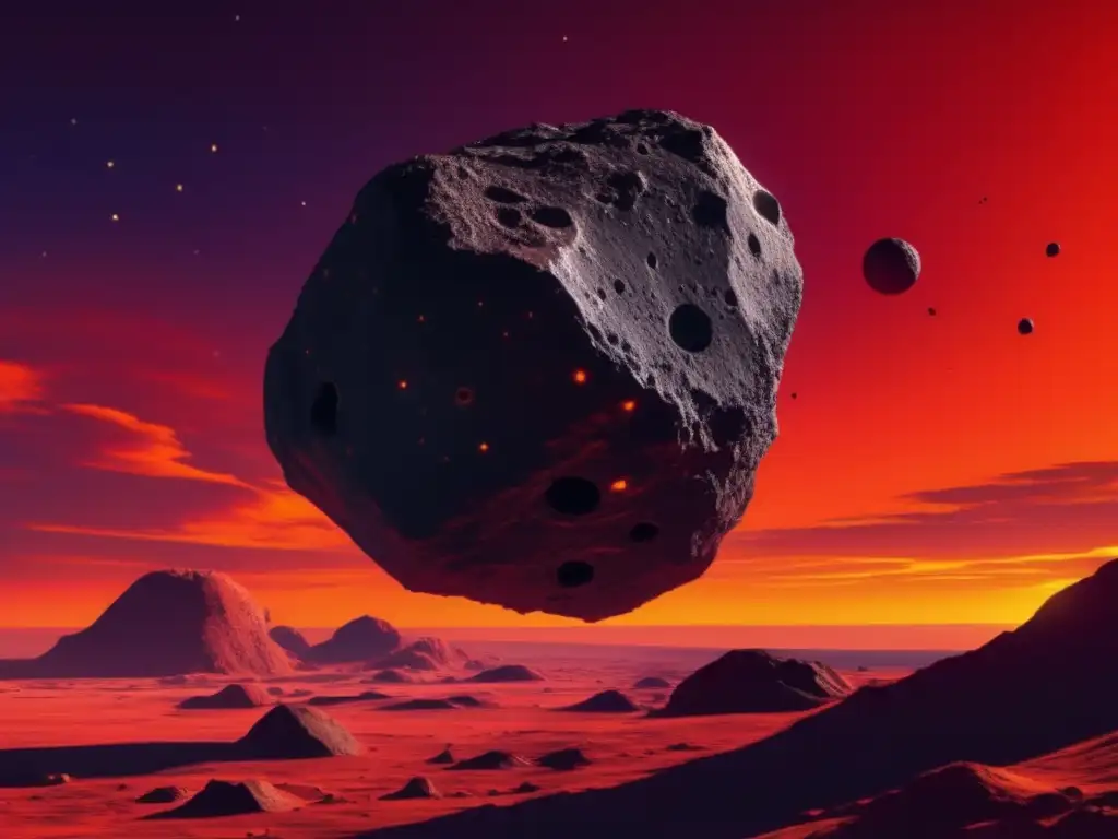 Egeria's Redemption: Vibrant Red and Orange Asteroid Egeria in Detail An awe-inspiring photograph of asteroid Egeria, a cosmic gem with intricate surface structures and craters, set against a fiery sunset