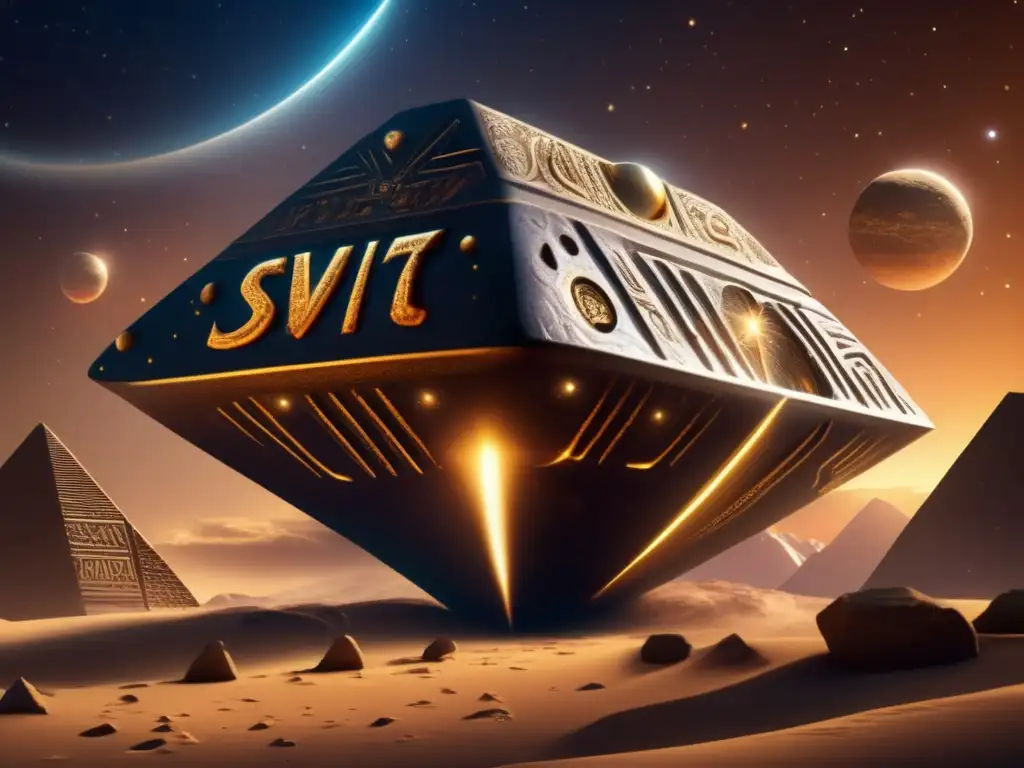 Egyptian Gods and Asteroids: A Photorealistic Depiction An intricate Egyptian sarcophagus structure adorned with hieroglyphics representing gods of mythology docked on a stunning photorealistic image of an asteroid surrounded by celestial bodies and nebulas symbolizing the divine realm