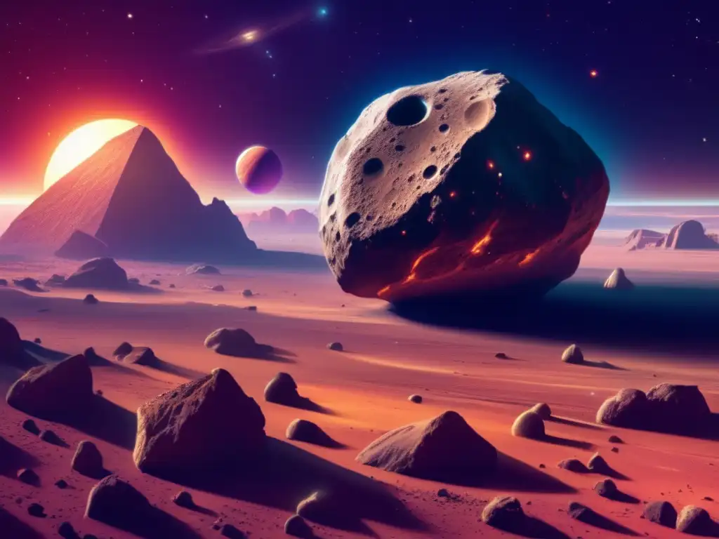 Unseen Realms: A Photorealistic Asteroid Odyssey A photorealistic image of an elongated asteroid that juts out from the depth of space, surrounded by a vibrant, starfilled planetary sky