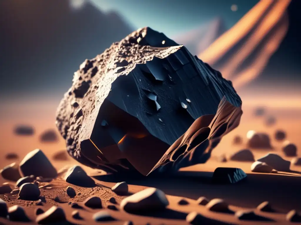 A breathtaking closeup of Elpenor asteroid's jagged surface, bathed in sunlight, with shadows highlighting its rocky terrain