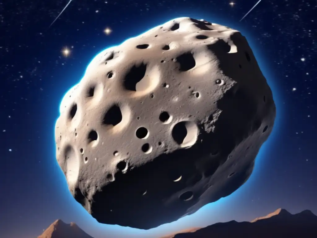 An image of Eos, the asteroid belt's largest asteroid, fills the frame from a distance, its rugged surface etched with bumps and craters