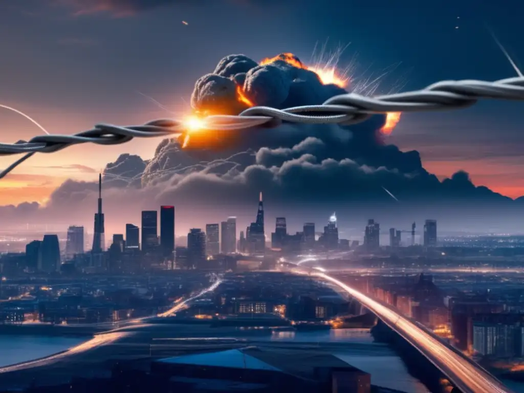 Dangerous city skyline looms in the background of a close-up of a barbed wire fence with electrified barbed wire