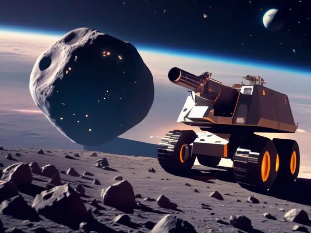 A stunning image of a gravity tractor soaring through space, hovering above a featured asteroid, surrounded by the vast emptiness of space