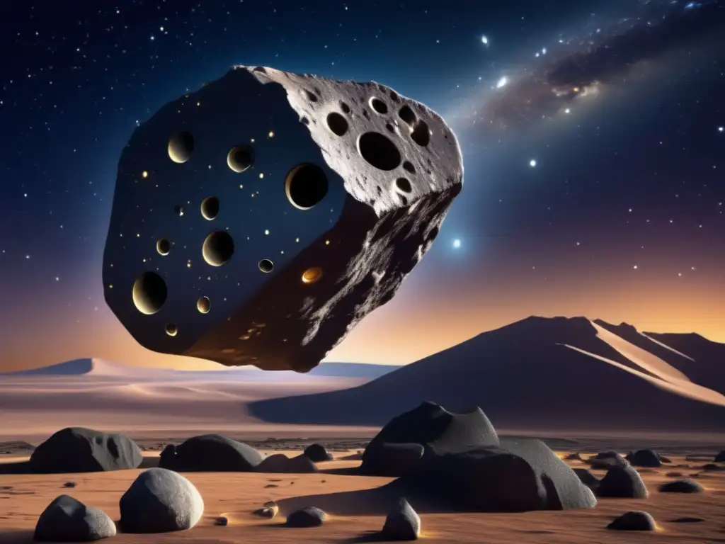 An asteroid's captivating beauty: Closeup photorealistic depiction of Euphorbus, revealing intricate details and tiny craters