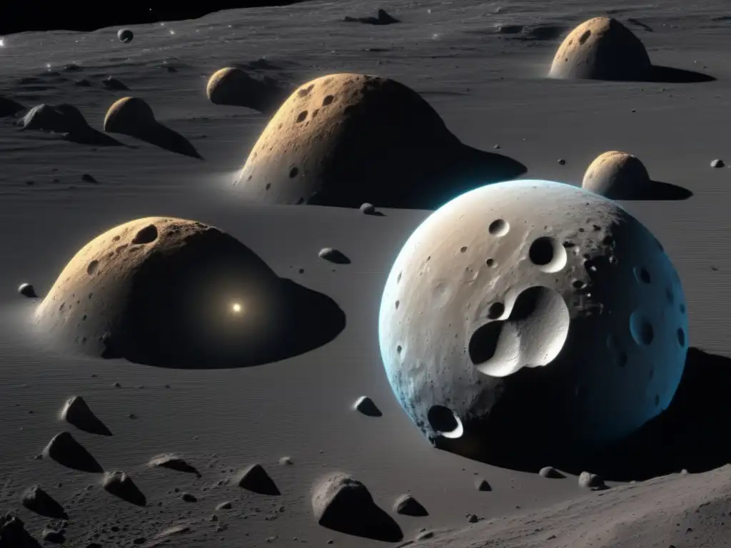 A close-up of Asteroid Euphrosyne's surface, with intricate rock formations and subtle shadows