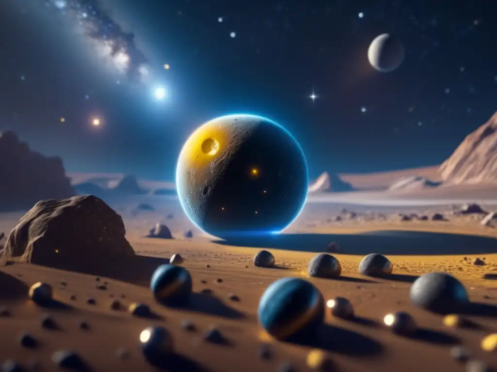 A breathtaking view of an asteroid belt in the Orion Arm, adorned with a blue and white exoplanet in the foreground and a bright yellow dwarf star in the background, invites us to explore the vastness of the universe