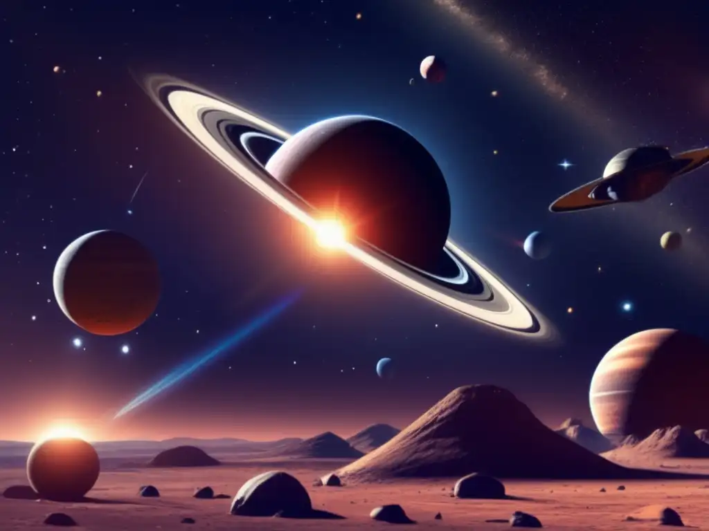 A photorealistic depiction of a group of spaceships exploring the Kuiper Belt, revealing the untapped potential for scientific discovery