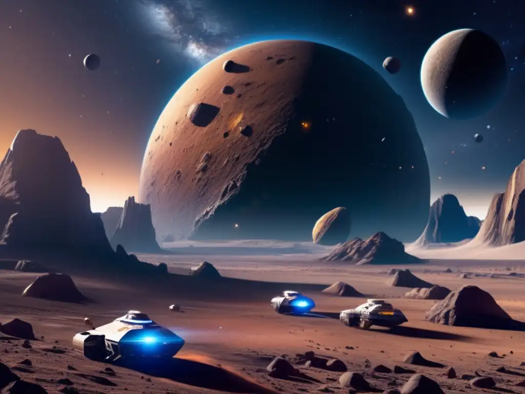 A stunning photorealistic depiction of a futuristic asteroid exploration scene, where advanced spaceships float around a colossal asteroid