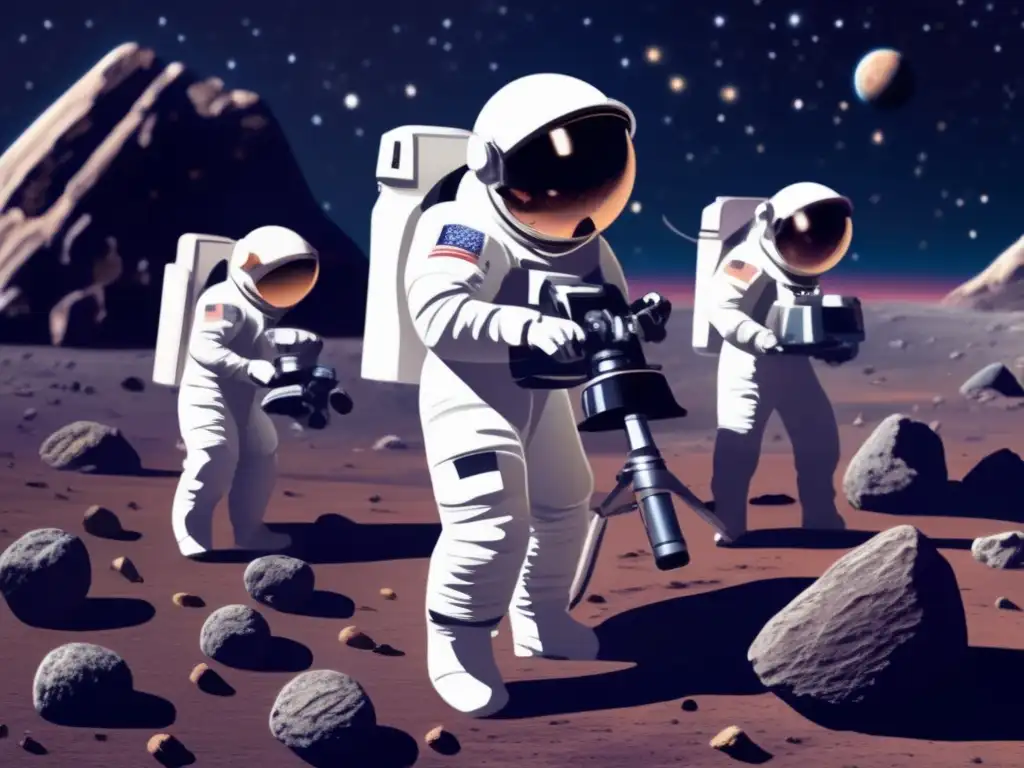A photorealistic depiction of a rocky asteroid landscape with deep shadows and bold textures