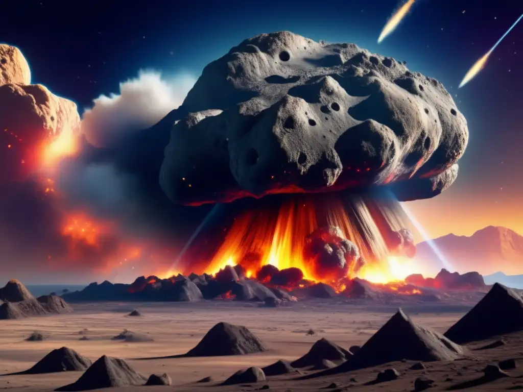 Dinosaur extinction event - Asteroid's perpendicular view - Cosmic chaos An apocalyptic image of the Asteroid that wiped out the dinosaur dynasty, featuring its immense, serrated shape, the annihilation and pandemonium of the impact, craters and smoke blending seamlessly with other celestial bodies, and a sense of cosmic hornor across the entire canvas