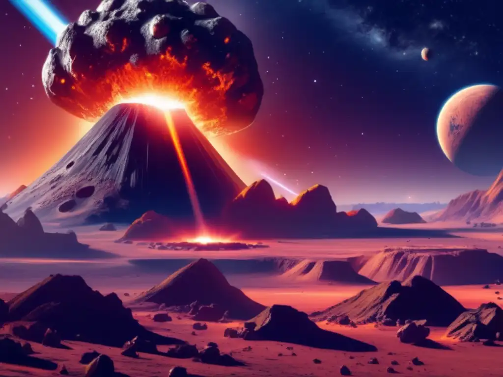 An intense, fiery asteroid streaks across the sky, and a planetary chaos ensues as an impact crater erupts, spilling debris and smoke
