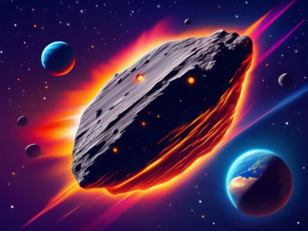 Dash: A photorealistic depiction of a vibrant asteroid streaking across the dark sky, with detailed intricacies on its surface