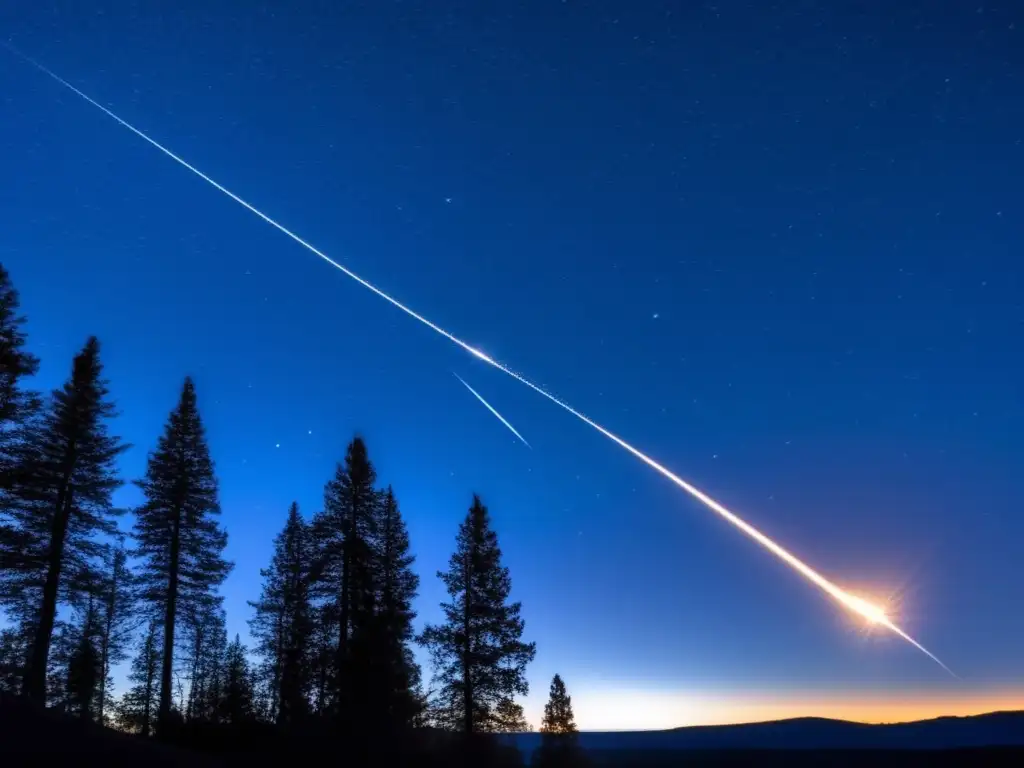 A brilliant, fiery meteor streaks across a deep blue-purple sky, leaving a trail of orange and yellow flames in its wake