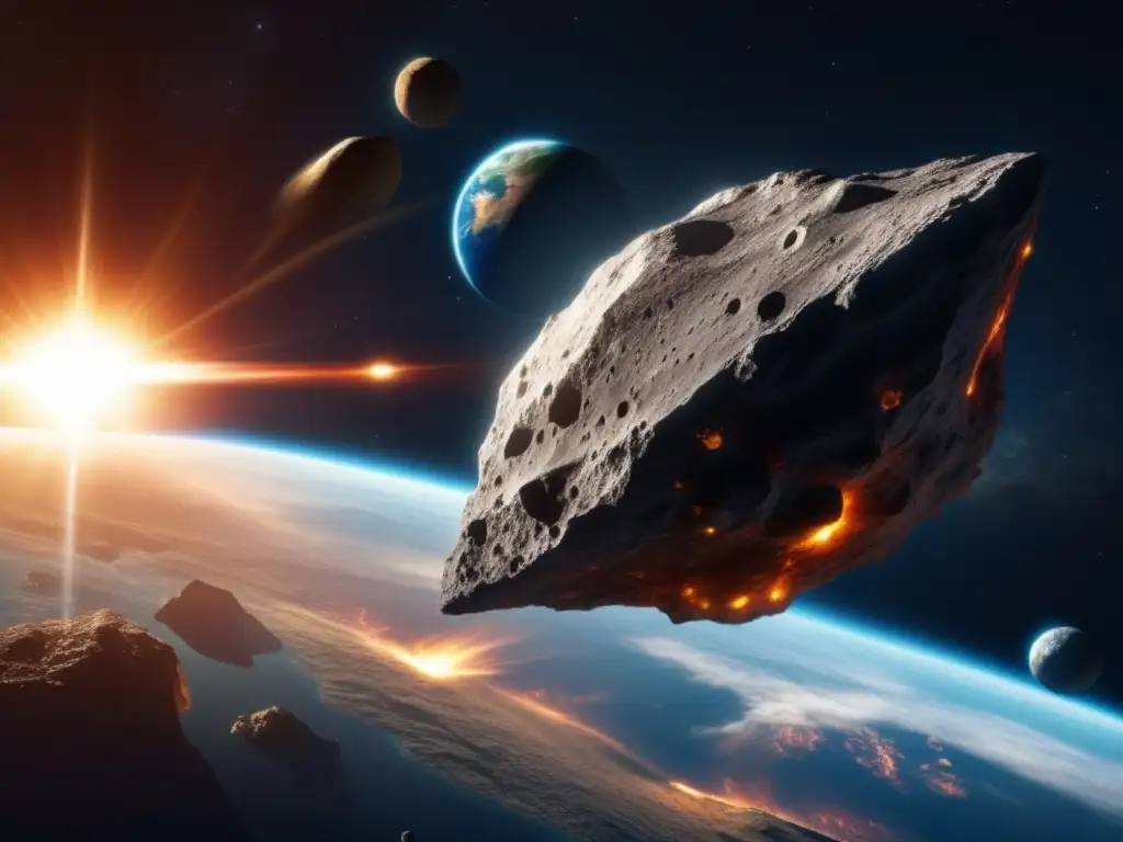 Near-miss: Artistic Closeup of Floating Asteroid in 'The Doomsday Prophecy' with Hyper-Realistic Earth and Asteroid Structure An eerie Earth and asteroid closeup in 'The Doomsday Prophecy'