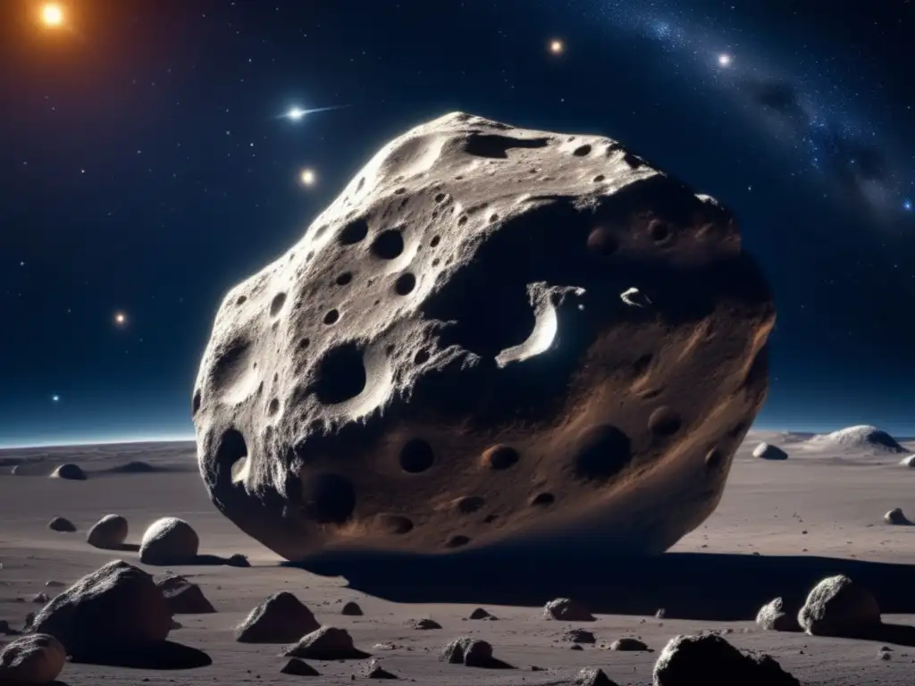 A breathtaking high-definition photograph of Asteroid 3122 Florence, showcasing its carbonaceous surface, sharp features, and irregular shape
