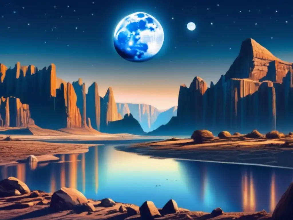 A haunting full moon illuminates a barren landscape below, casting stark glints off the Earth's iron core in the water