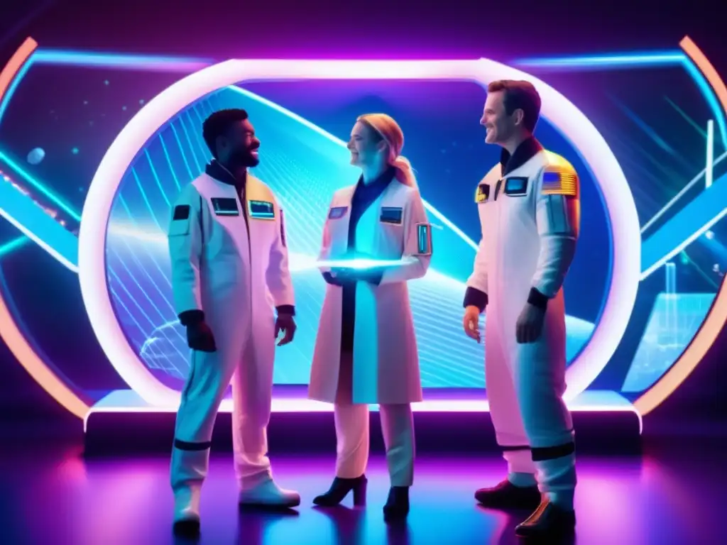 A radiant group of experts, astronauts, and scientists engineers stand at the forefront of Lechuguilla's future, illuminated by lasers and neon lights