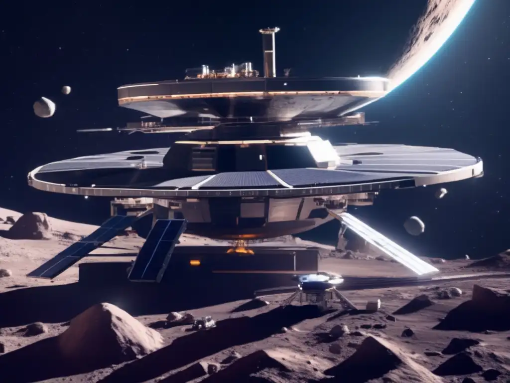 A breathtaking view of a futuristic space station in orbit around an asteroid, with solar panels and mining equipment visible