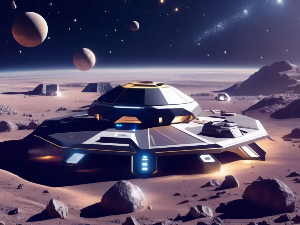 A glowing solar ship hovers over a vast, sprawling asteroid mining base