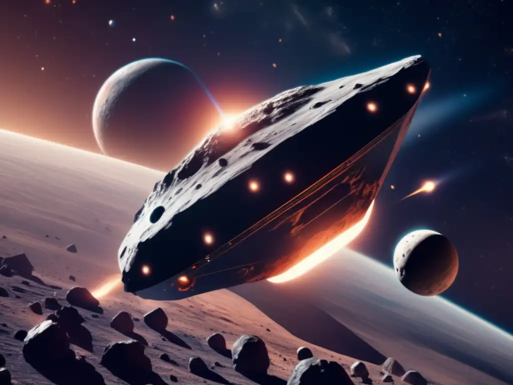 A sleek, futuristic spacecraft orbits around a nearby asteroid, deflecting it with advanced technology and precision machinery