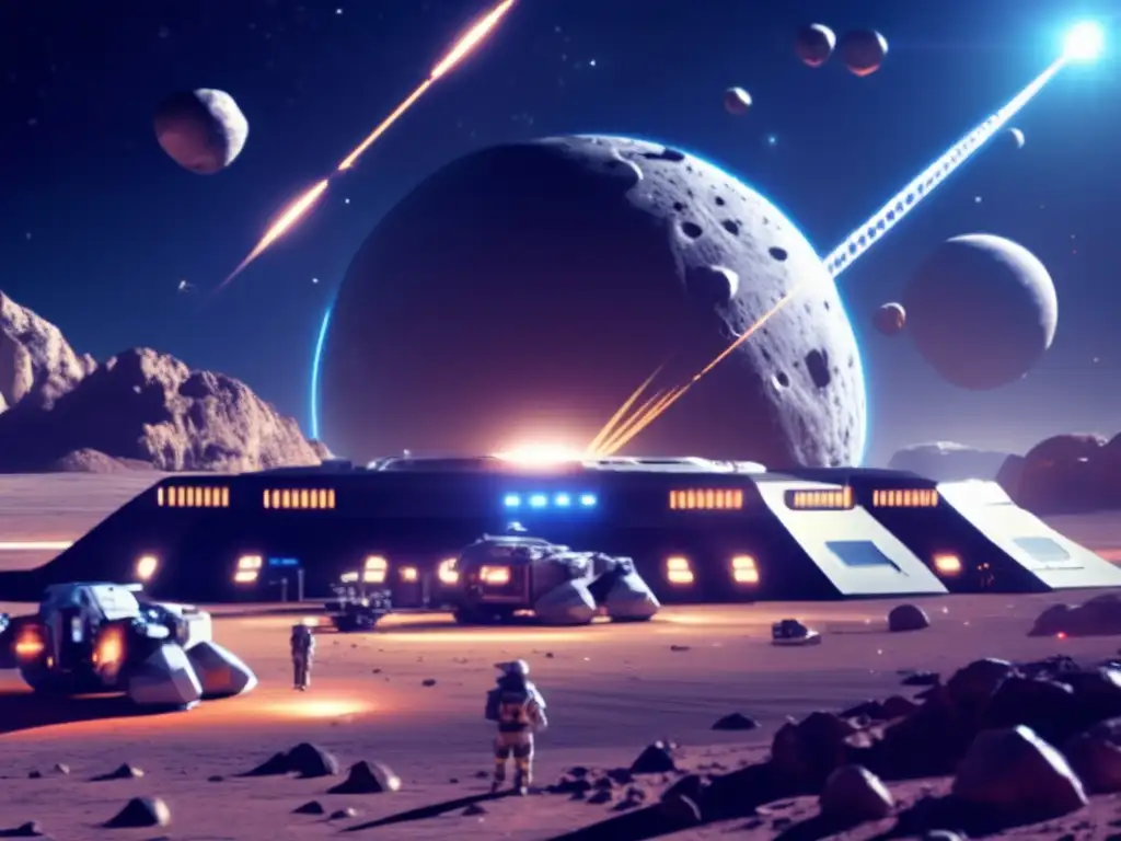 A sleek, modern asteroid defense base glows in the darkness of space as it deflects meteoroids with advanced technology