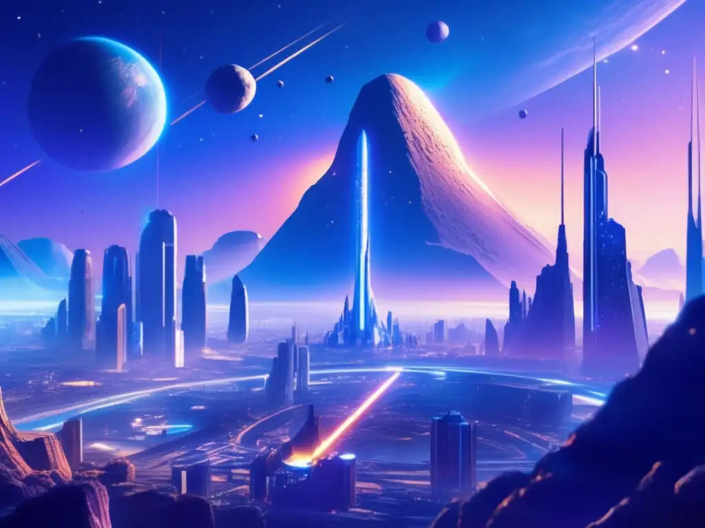 Asteroid City: A Testament to Human Ingenuity and Ambition A breathtaking photorealistic image of a futuristic asteroid city, lavish with towering structures and cutting-edge technology visible
