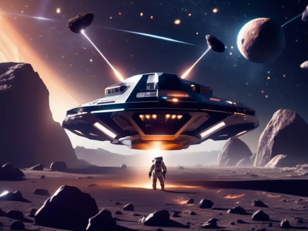 Dash: A breathtaking image of a futuristic spacecraft hovering in front of a glowing asteroid, illuminated by beams of light, as a team of technicians in suits explore its surface for valuable resources
