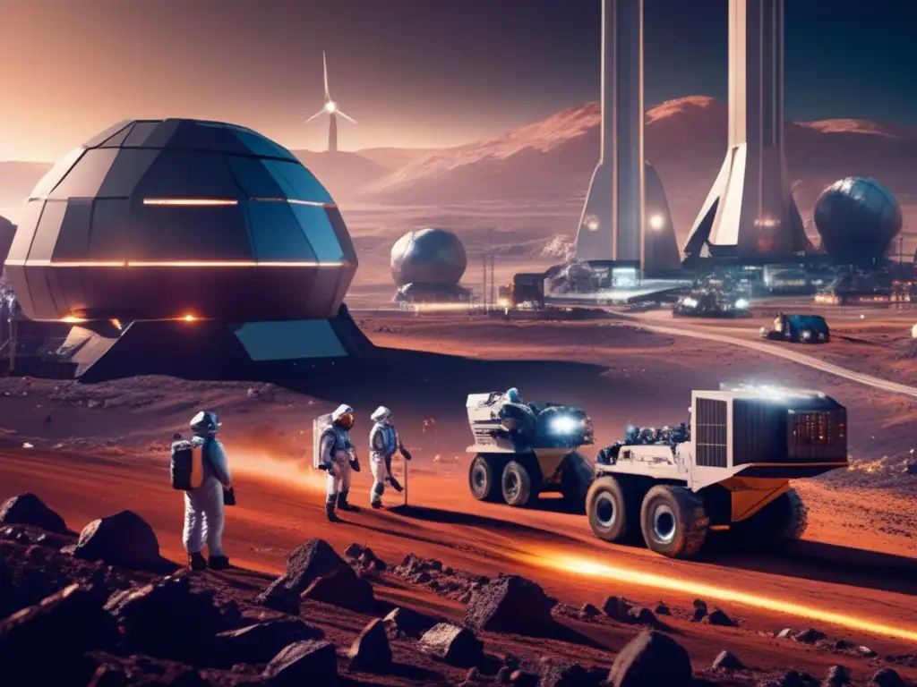 A futuristic asteroid mining facility, surrounded by sprawling infrastructure of communication towers, power stations, and waste disposal facilities, with a team of scientists and engineers in protective suits working together in the background, all of them focused on ensuring that the mining operation is conducted in a sustainable and environmentally responsible way