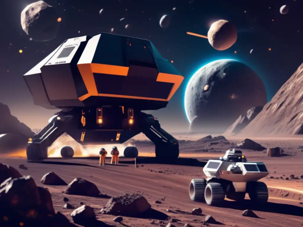 Futuristic Asteroid Mining: $1 Trillion Dollars in Space! Futuristic asteroid mining operation in space, surrounded by drills and team in protective gear