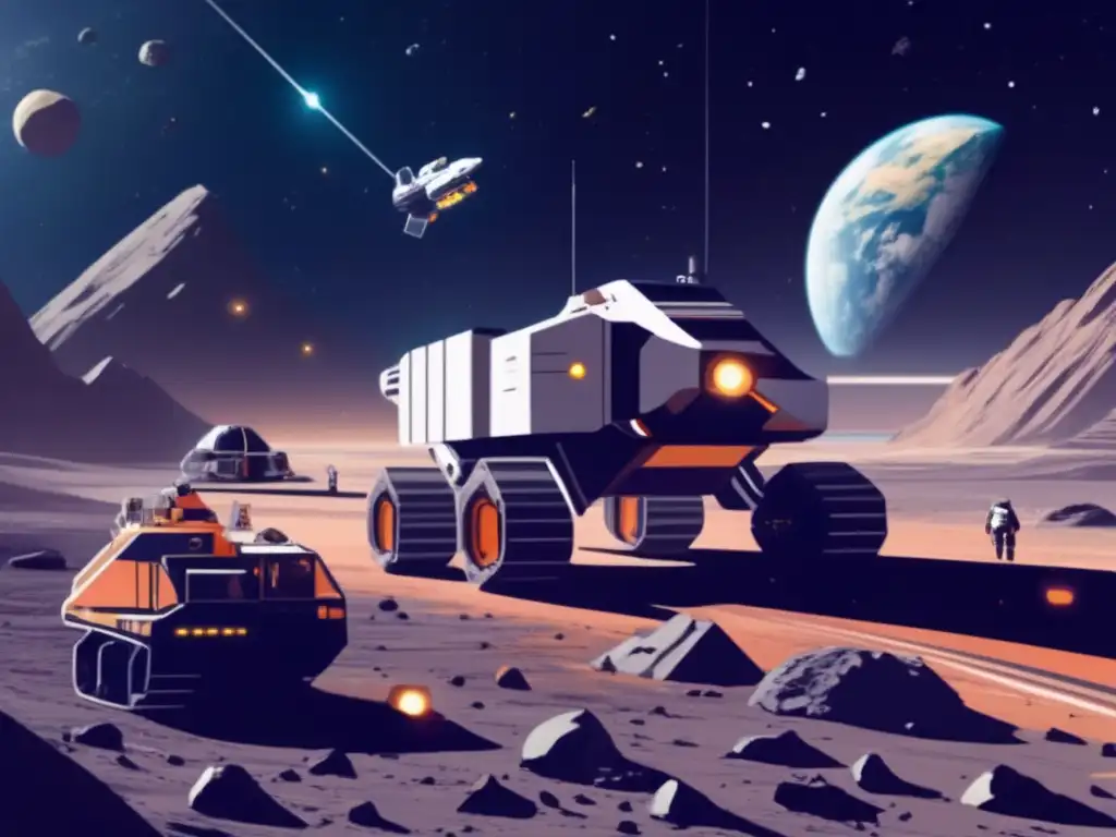A futuristic asteroid mining operation in space, with a large asteroid center stage, drills, conveyor belts, and storage tanks shining bright