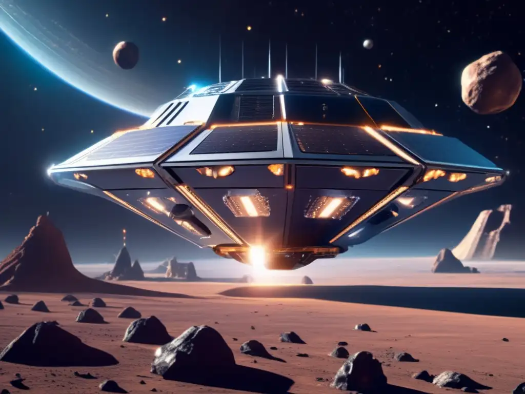 A photorealistic image of a futuristic asteroid mining spacecraft in motion, traversing through the vast expanse of space