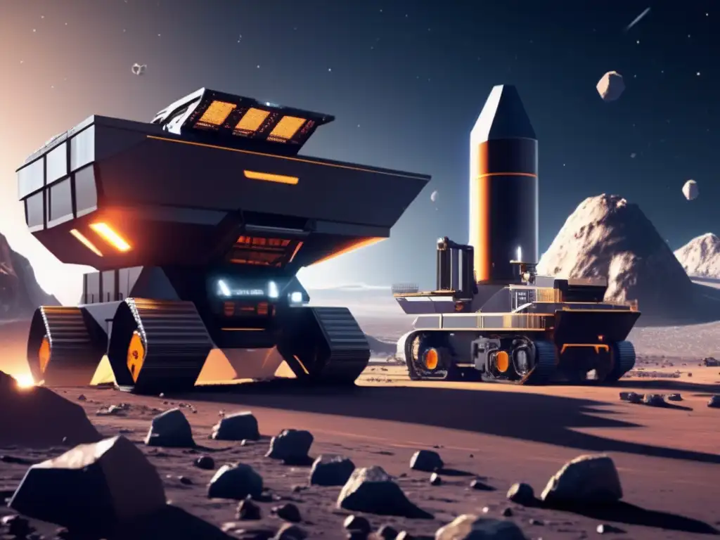 Futuristic mining station extracts ore from asteroid's surface, surrounded by scattered deposits