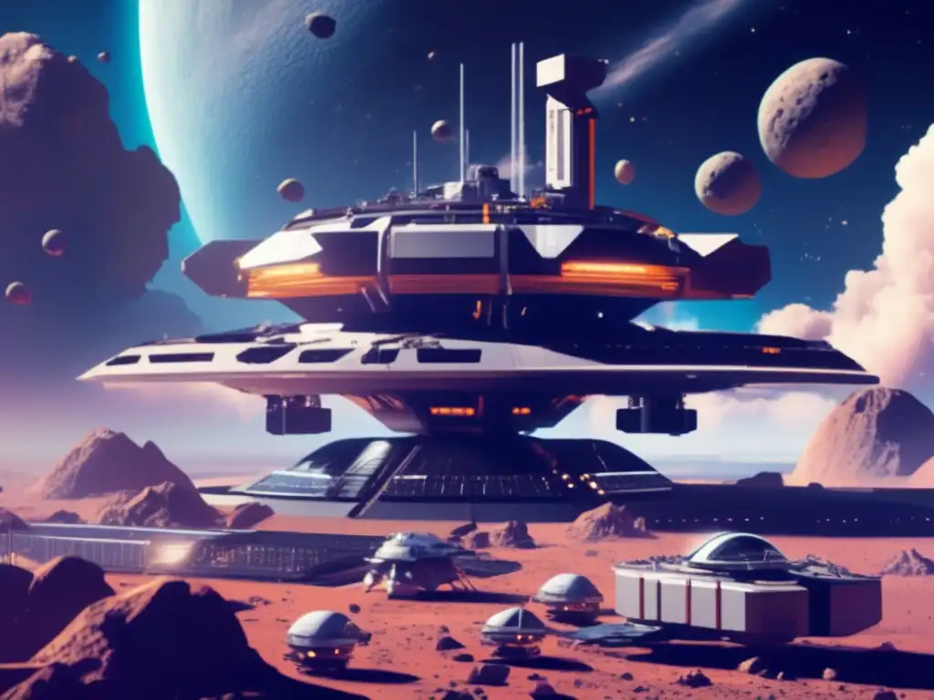 A breathtaking view of a futuristic space station with an asteroid mining platform attached, surrounded by a group of asteroids