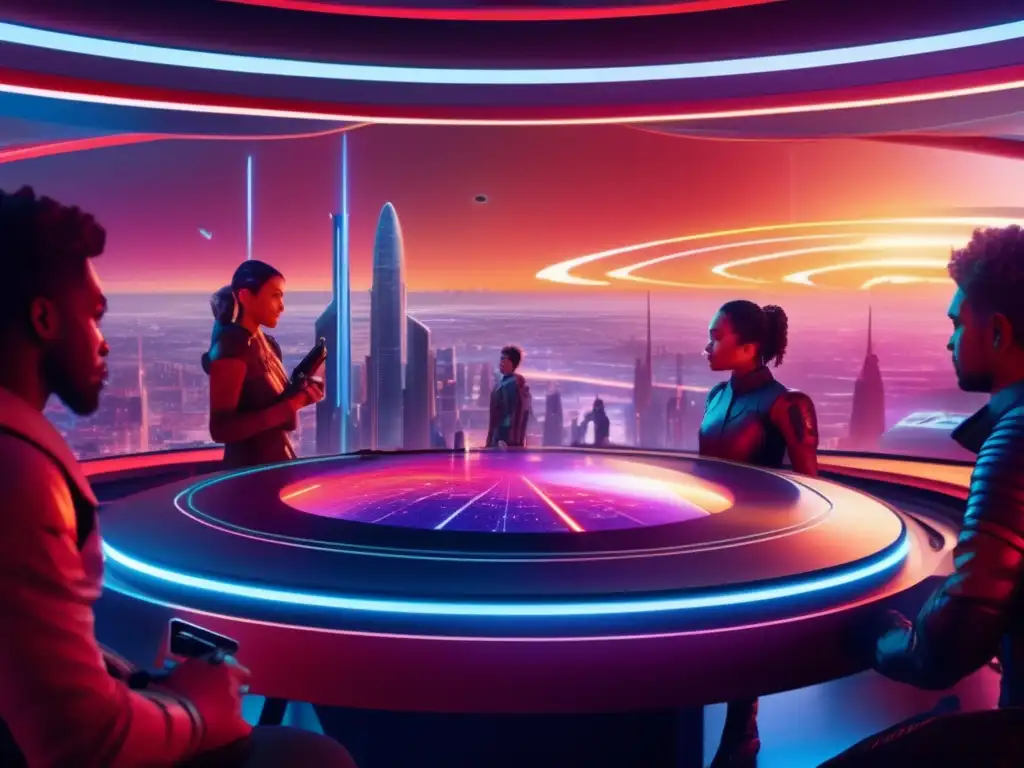 A stunning 8k photorealistic image captures a vibrant, futuristic cityscape with a red sun in the backdrop