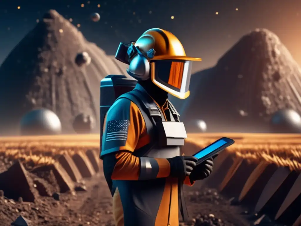 A miner in a high-tech helmet analyzes an asteroid's metallic core amidst a field of stunning lunar landscapes and iridescent debris