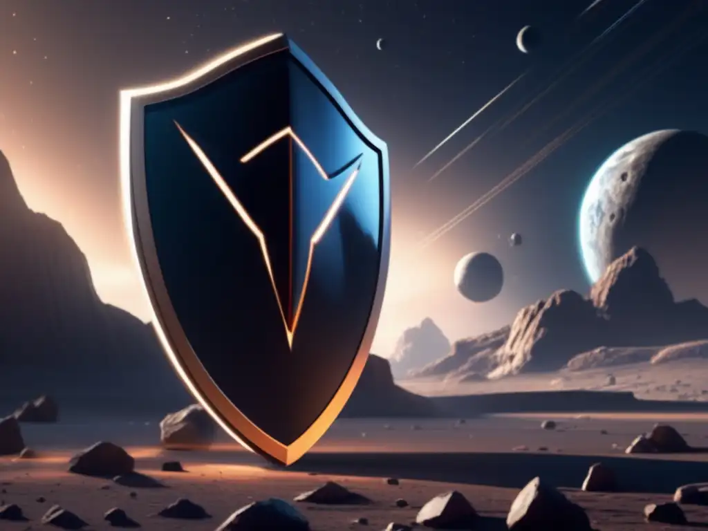 A large and jagged asteroid approaches from the left side, casting eerie shadows as a sleek, futuristic shield stands tall in front of it
