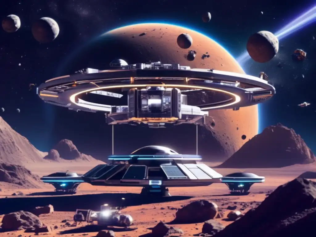 Dash: - Futuristic space station in orbit surrounded by bustling asteroid mining rig, extracting valuable resources from nearby minable asteroids