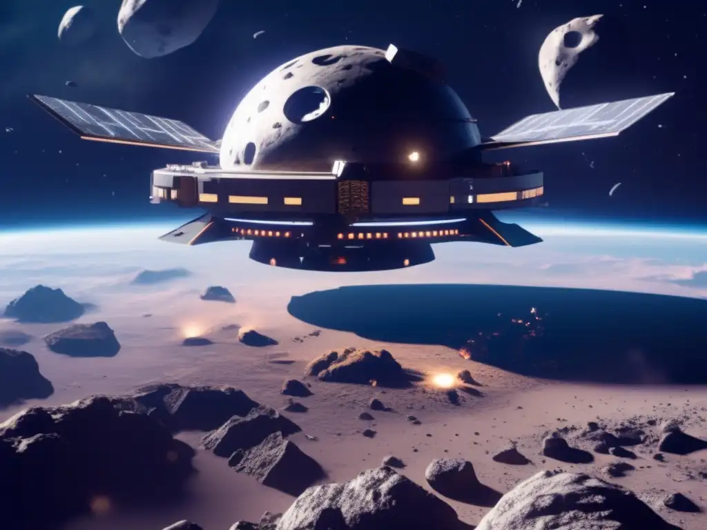 A photorealistic depiction of a futuristic space station, orbiting around a massive asteroid