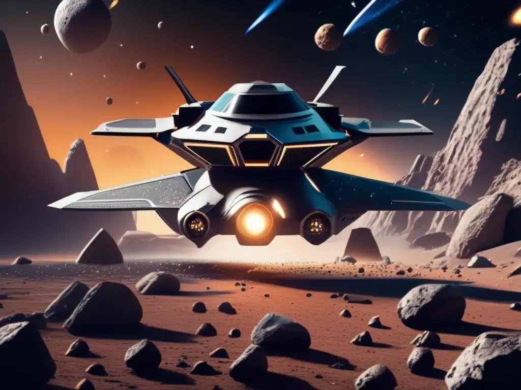 The stern, metallic spacecraft dominates the image, spewing out a storm of thrusters as it soars through a labyrinth of jagged asteroids