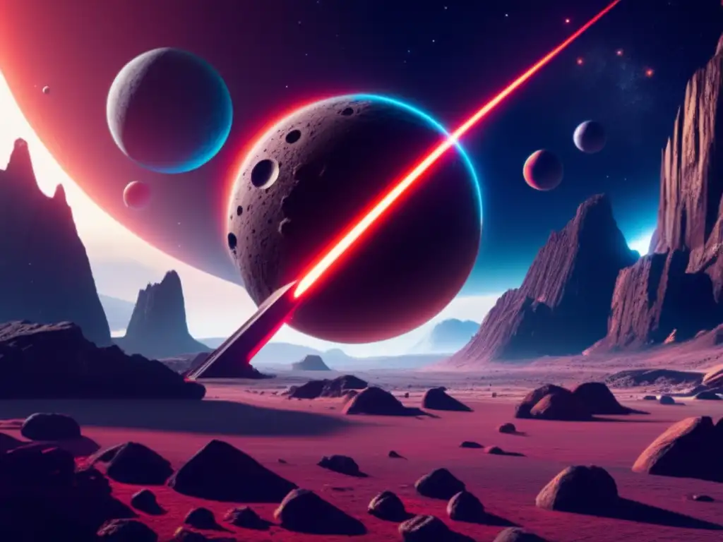 A sleek, futuristic spacecraft floats amidst a vast epic asteroid field, Eloi's red orb glowing in the distance