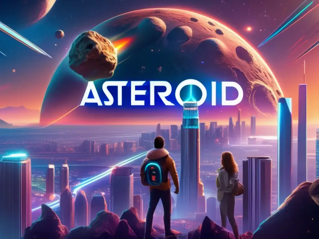 A futuristic city skyline meets the mystery of ancient asteroids in this highly detailed photorealistic image