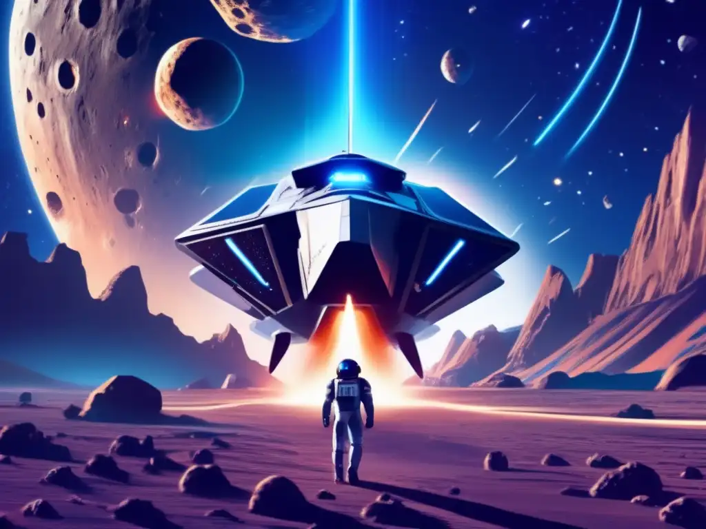 Heroic Asteroid Strike: A Futuristic Space Patrol's Unyielding Mission to Assault an Asteroid dash: An image of a sleek, futuristic spacecraft approaching a glowing blue asteroid, with a heroic expression on the face of the space commander at the helm
