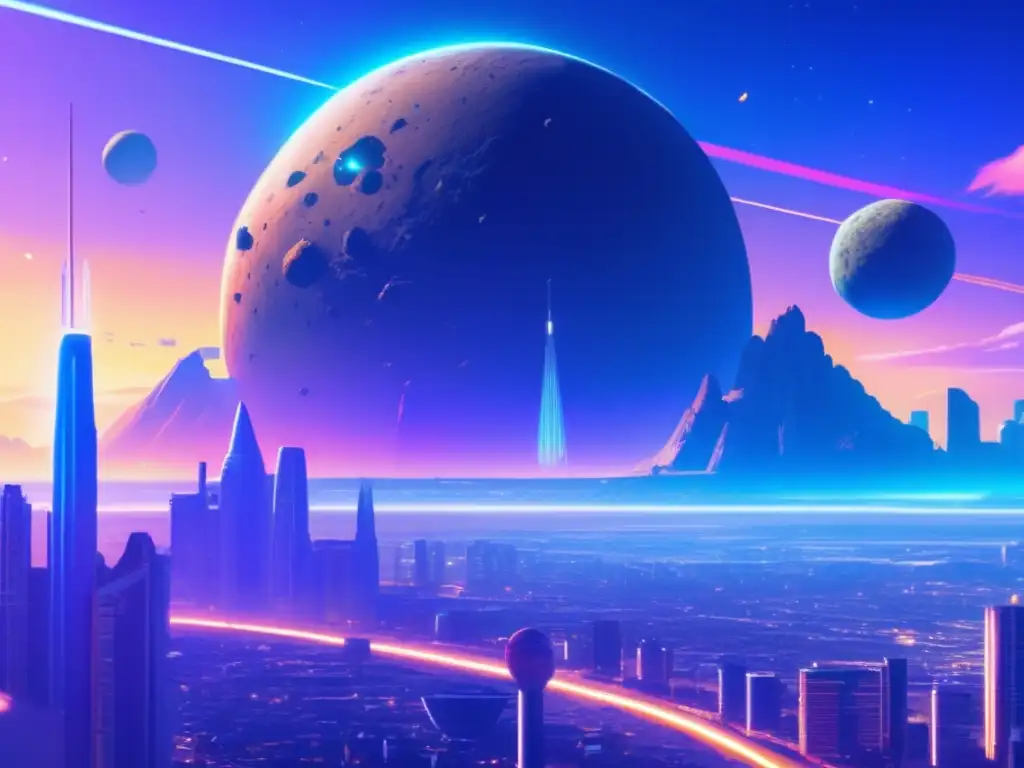 A stunning visual representation of a futuristic city set against the backdrop of a towering asteroid