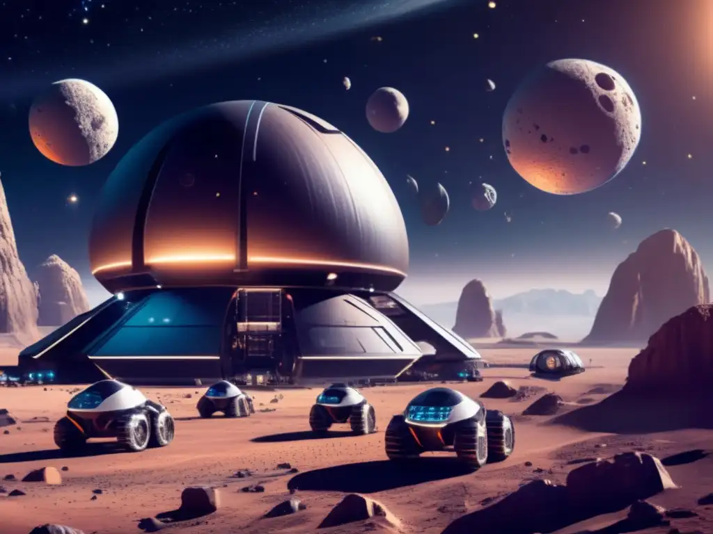A stunning photorealistic image of a futuristic asteroid mining colony in outer space, showcasing advanced machinery and serene, peaceful environment