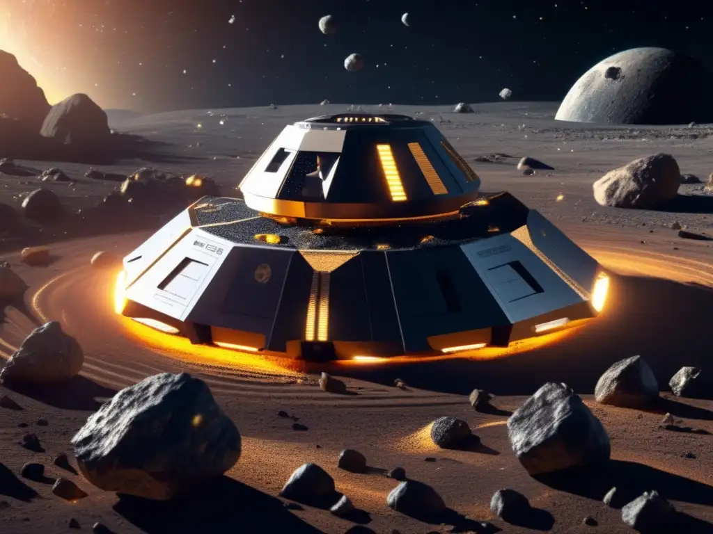Futuristic Asteroid Mining: Swift Precision, Minimal Impact A stunning, photorealistic depiction of a spaceship extracting resources from a swirling field of asteroids