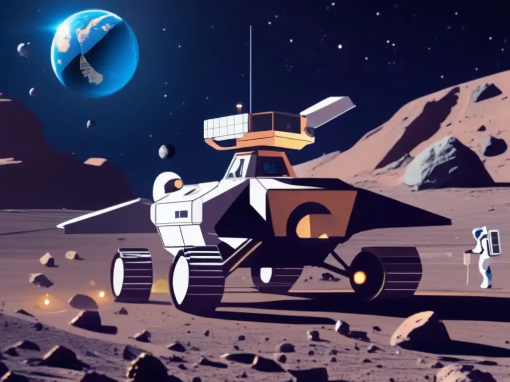 An image of a futuristic asteroid mining vessel on a desolate asteroid surface, reaching out to extract valuable resources via arm extension