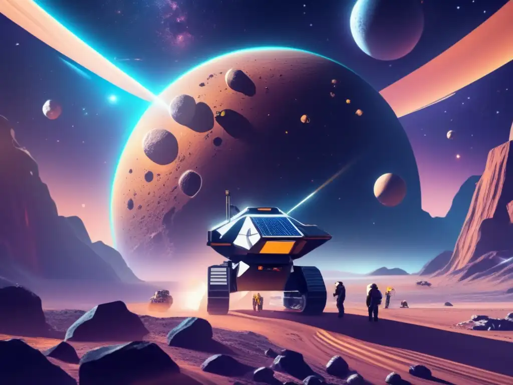 A stunning image of a futuristic asteroid mining facility on a large asteroid, surrounded by serene nebulae and star clusters in the background