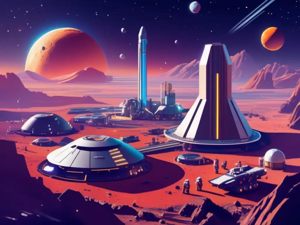 A dazzling view of a futuristic asteroid mining facility ablaze with uplifting colors and textures on the asteroid belt