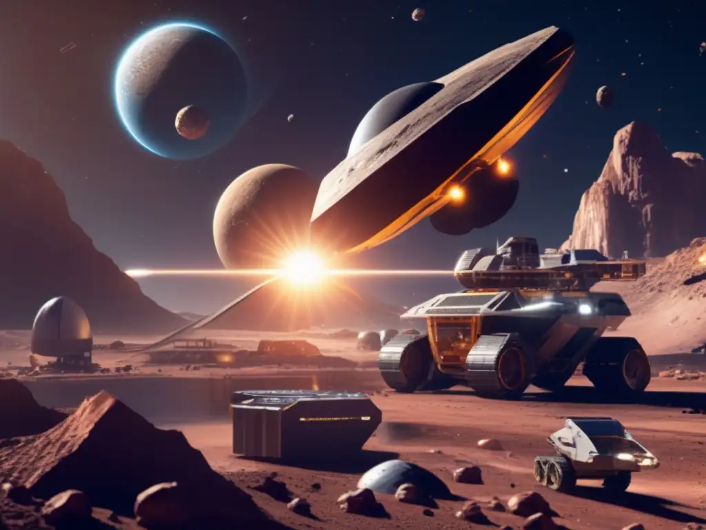 A captivating photorealistic depiction of a futuristic space scene with an asteroid mining facility at its center