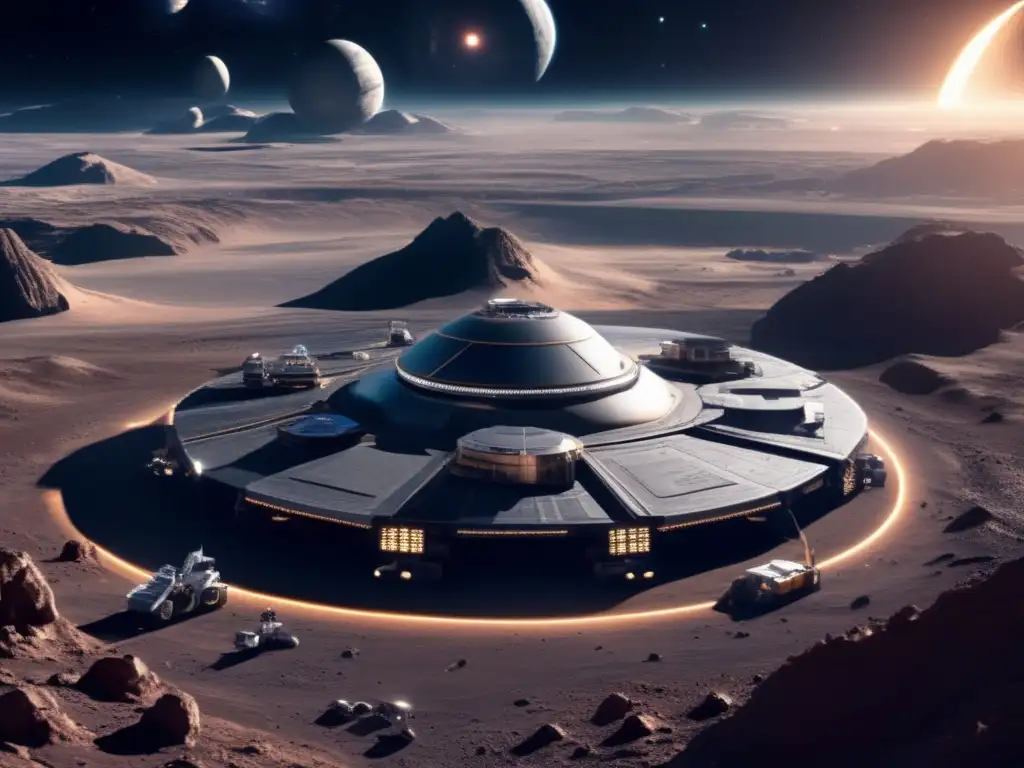 A photorealistic image captures the complexity and technological sophistication of an asteroid mining facility in space